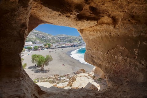 View from a cave onto Matala bay and beach
