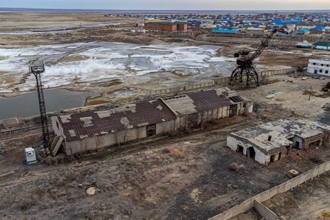 Aerial of the Aral lake and Aralsk
