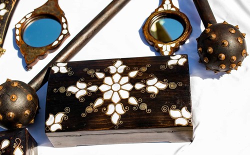 Ancient style wooden treasure chest with mother of pearl inlay