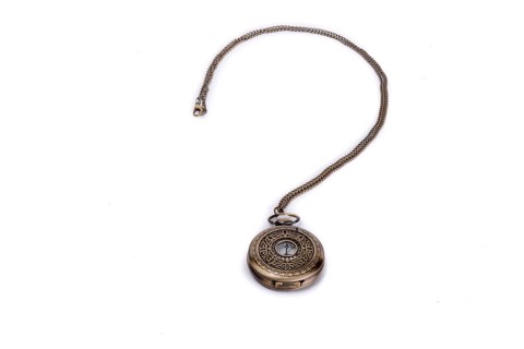 Pocket watch and its chain form a question mark on white background