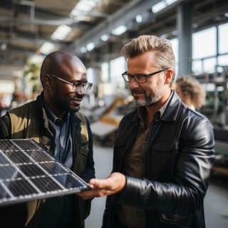 Engineer and businessman develop and discuss new solar panels