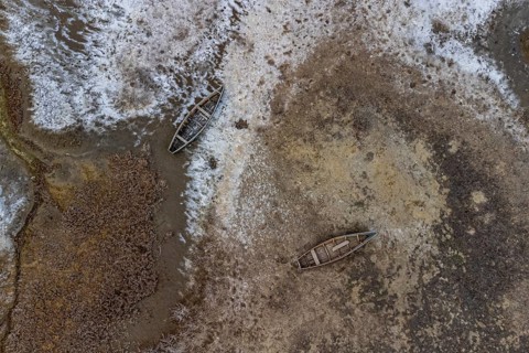 Aerial of the salty grounds of the Aral lake
