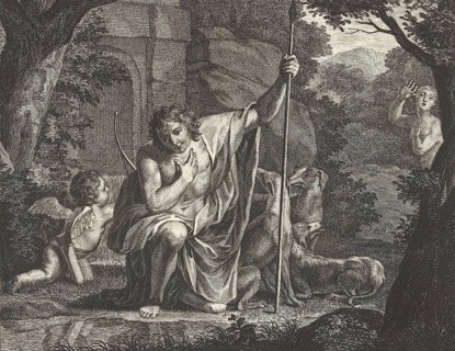 Narcissus contemplating his reflection in the water
