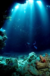 Diver swimming in cave
