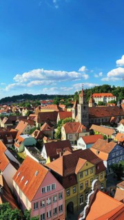 Aerial view of Feuchtwangen with a view of the historic centre of the old town. Feuchtwangen