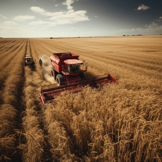 A combine harvester cuts the grain in a field