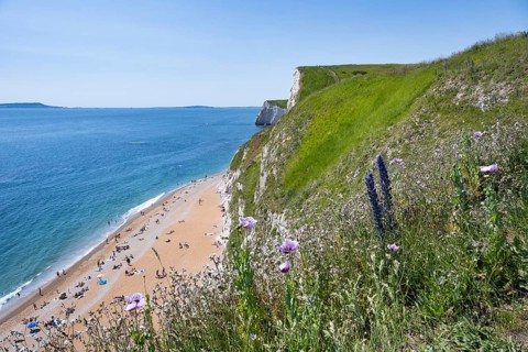 Bathing Beach on the South of England Chalk Coast at Durdledoor