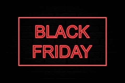 Black friday. 3d lettering. Neon lights on black brick background