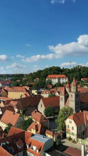 Aerial view of Feuchtwangen with a view of the historic centre of the old town. Feuchtwangen