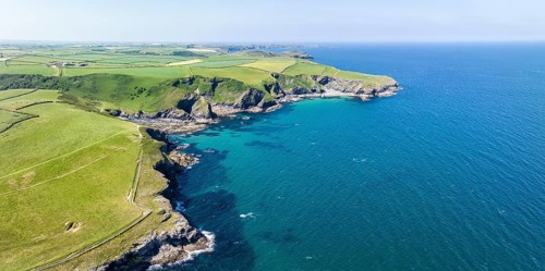 Aerial panorama of the coastline at Port Isaac