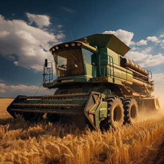 A combine harvester cuts the grain in a field