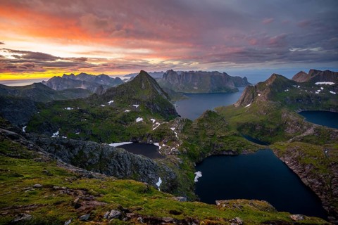 View of mountain landscape with lakes Litlforsvatnet and Tennesvatnet and fjord Forsfjorden