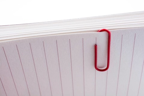 Colored paper clip on a checked notebook page