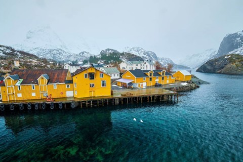 Panorama of Nusfjord authentic fishing village with yellow rorbu houses in Norwegian fjord in winter. Lofoten islands