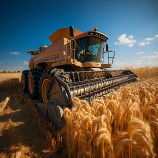 A combine harvester cuts the grain in a field