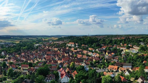 Aerial view of Feuchtwangen with a view of the historic centre of the old town. Feuchtwangen