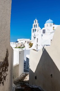 Belltower and Whitewashed architecture in Pyrgos