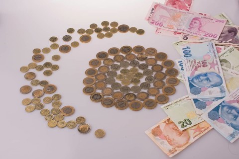 Turkish Lira coins shape a crescent beside Turkish Lira banknotes
