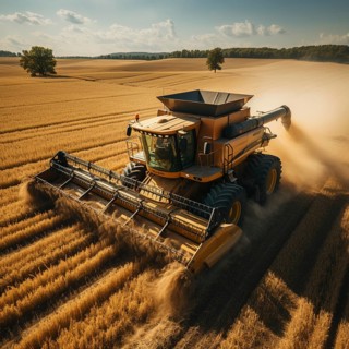 A combine harvester cuts the grain in a field
