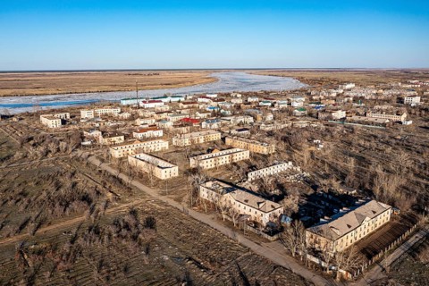 Aerial of collapsed buildings in Kurchatov