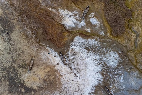 Aerial of the salty grounds of the Aral lake