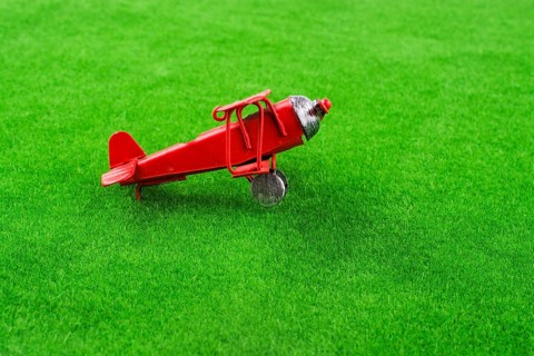 Red little retro model airplane in green grass