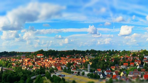Aerial view of Feuchtwangen with a view of the historic centre of the old town. Feuchtwangen