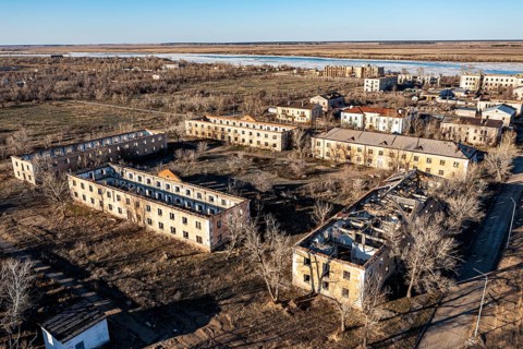 Aerial of collapsed buildings in Kurchatov