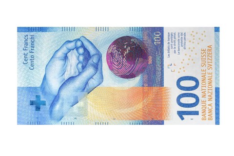 One hundred swiss franc banknote on a white background