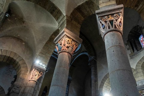 La Bourboule. Capitals of St Joseph church sculpted in 1941 by Henri Charlier. Puy de Dome department. Auvergne Volcanoes Natural Regional Park