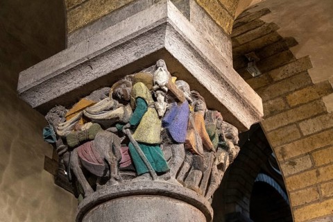 La Bourboule. Capitals of St Joseph church sculpted in 1941 by Henri Charlier. Puy de Dome department. Auvergne Volcanoes Natural Regional Park