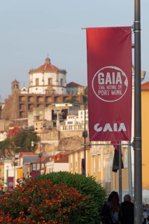 Flag advertising Gaia and port wine on the Cais de Gaia waterfront