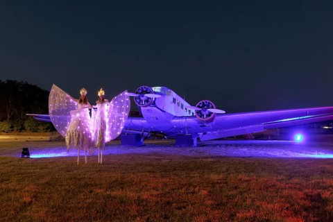 Illuminated winged creatures on stilts