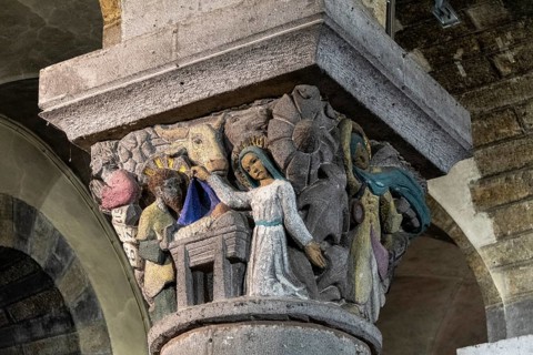 La Bourboule. Capitals of St Joseph church sculpted in 1941 by Henri Charlier. Puy de Dome department. Auvergne Volcanoes Natural Regional Park