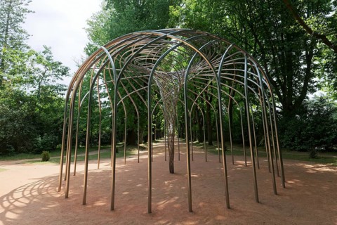 Stainless steel sculpture The curious vortex by artist Olafur Eliasson in Serralves Park