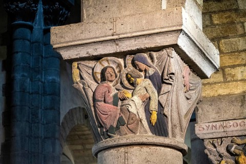 La Bourboule. Capitals of St Joseph church sculpted in 1941 by Henri Charlier. Puy de Dome department. Auvergne Volcanoes Natural Regional Park