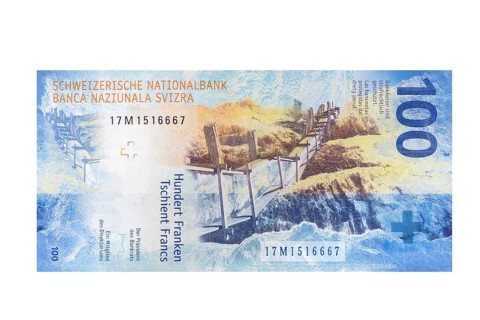 One hundred swiss franc banknote on a white background