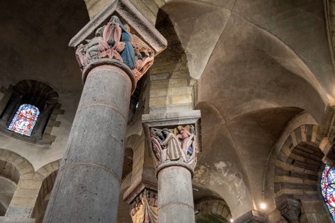 La Bourboule. Capitals of St Joseph church sculpted in 1941 by Henri Charlier. Puy de Dome department. Auvergne Volcanoes Natural Regional Park