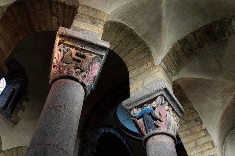 La Bourboule. Capitals of St Joseph church sculpted in 1941 by Henri Charlier. Puy de Dome department. Auvergne Volcanoes Natural Regional Park
