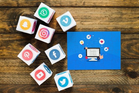 Viral content jigsaw puzzle with blocks application icons