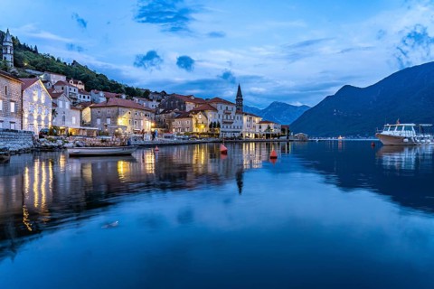 Perast with the Sveti Nikola Church on the Bay of Kotor at dusk