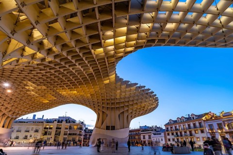 The futuristic wooden construction and observation deck Metropol Parasol at the Plaza de la Encarnacion at dusk