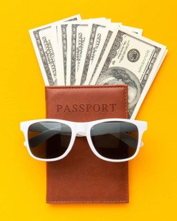 Top view passport sunglasses