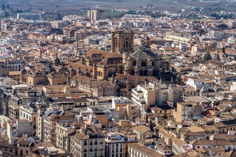 View of the old town with the cathedral in Granada