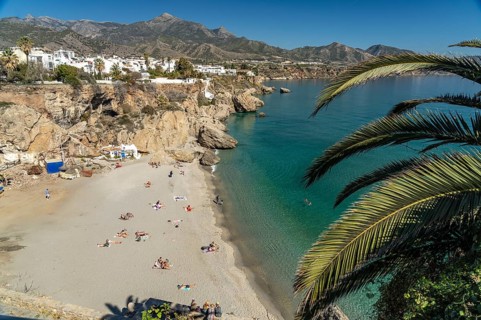View from the Balcon de Europa to the beach Playa de la Calahonda in Nerja