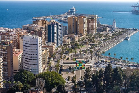 Skyscrapers and harbour promenade Muelle Uno with the Pompidou Museum seen from above