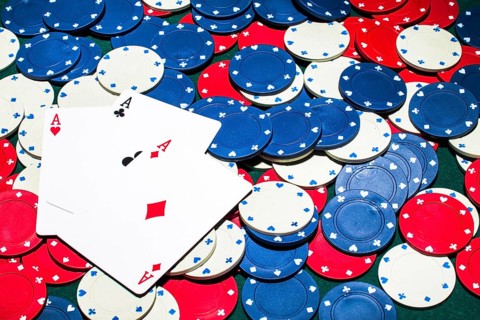 Three aces card white blue red casino chips