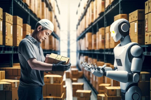AI controlled robots in a parcel warehouse with warehouse worker