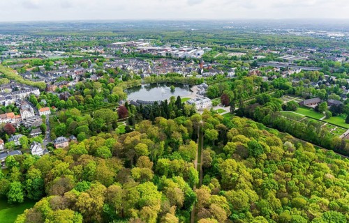 Aerial view of Benrath Palace Park and Palace