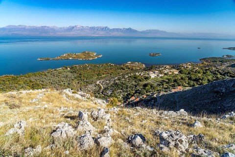 View over Lake Scutari with the island of Beska near the village of Donji Murici